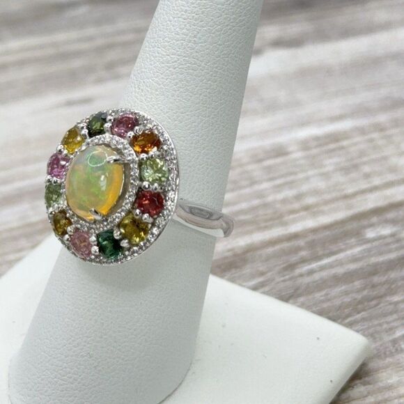 Welo Opal Ring W/ Multicolored Tourmaline Gemstones Zircon Halo Sterling Sz 7.75 - Picture 2 of 9